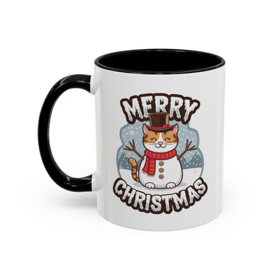 Christmas Mug - Merry Christmas Black & White Text Snowman Cat