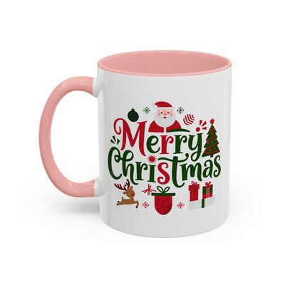 Christmas Mug - Merry Christmas Red & Green Text Santa Reindeer Tree Sleigh Ornaments