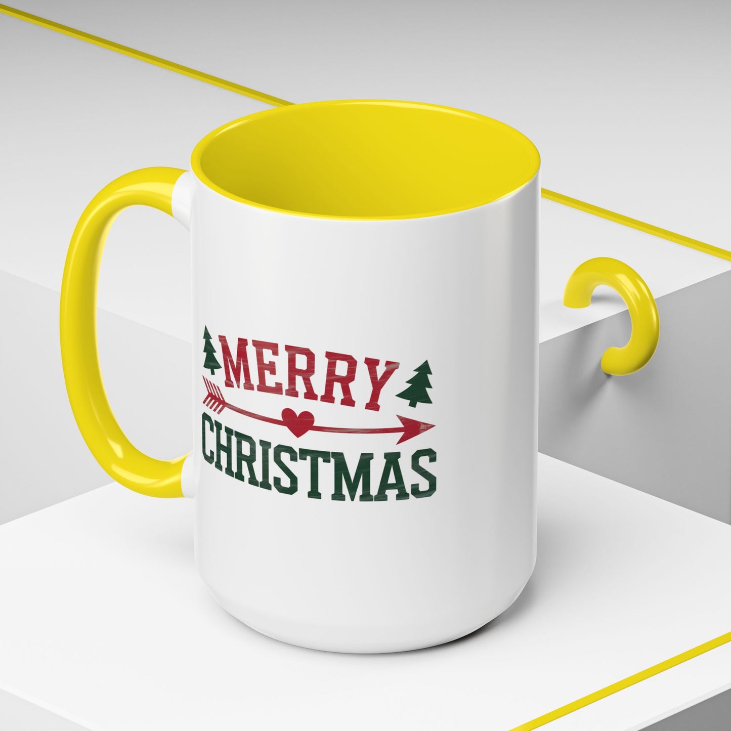 Christmas Mug - Merry Christmas Red & Green Text Heart Arrow Trees