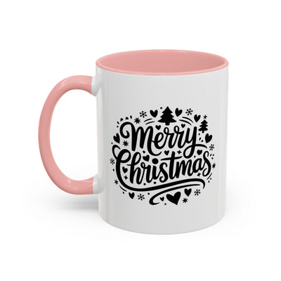 Christmas Mug - Merry Christmas Black Text Trees Snowflakes Hearts