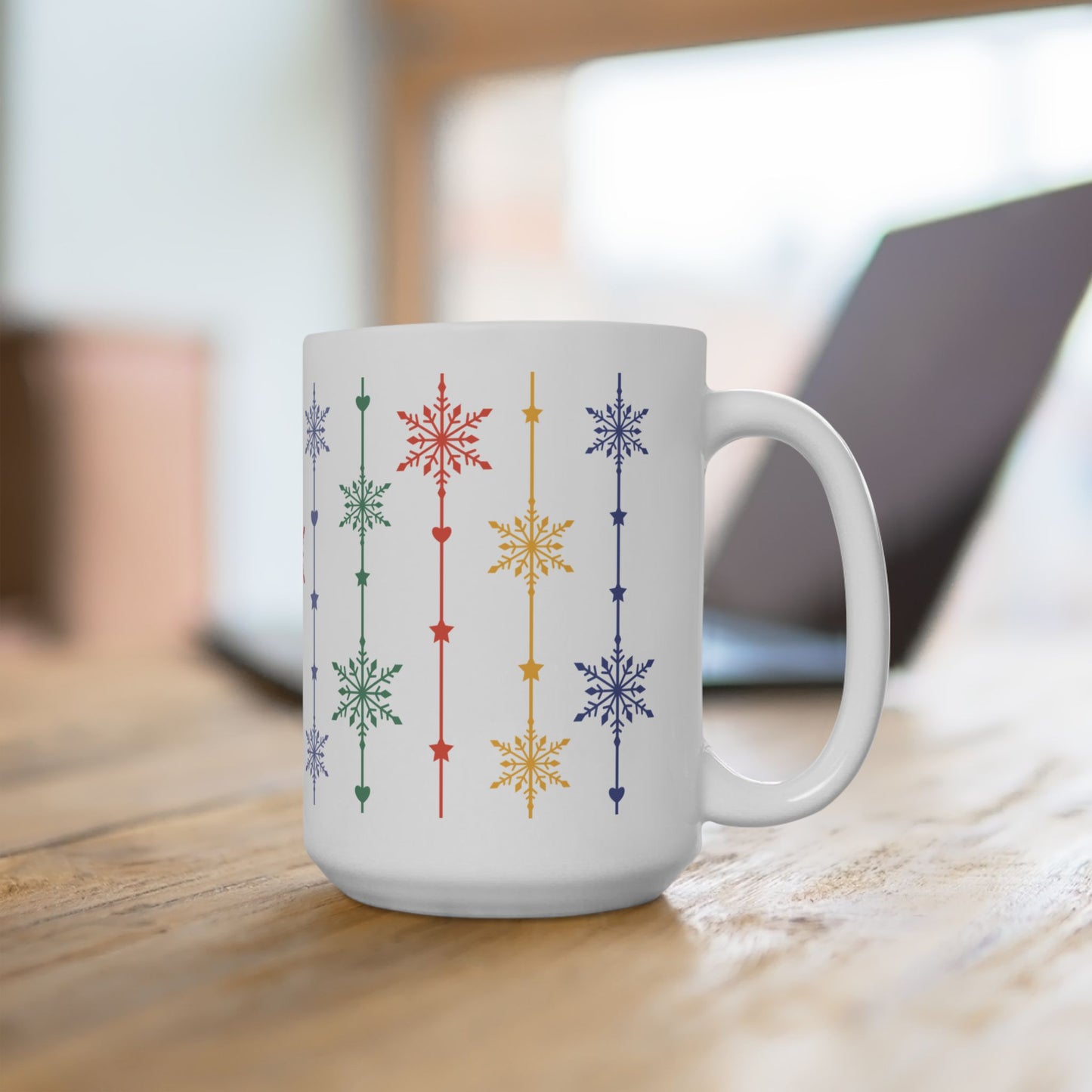 Christmas Mug - Green Yellow & Red Snowflakes Pattern