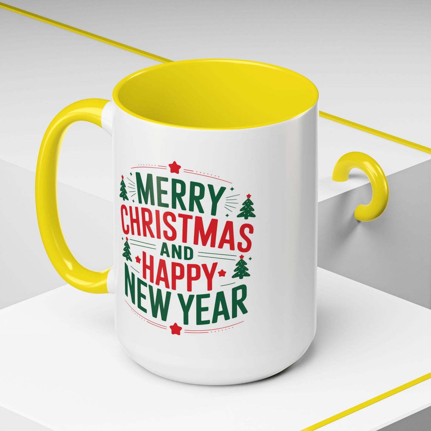 Christmas Mug - Merry Christmas and a Happy New Year Green & Red Text Trees Stars