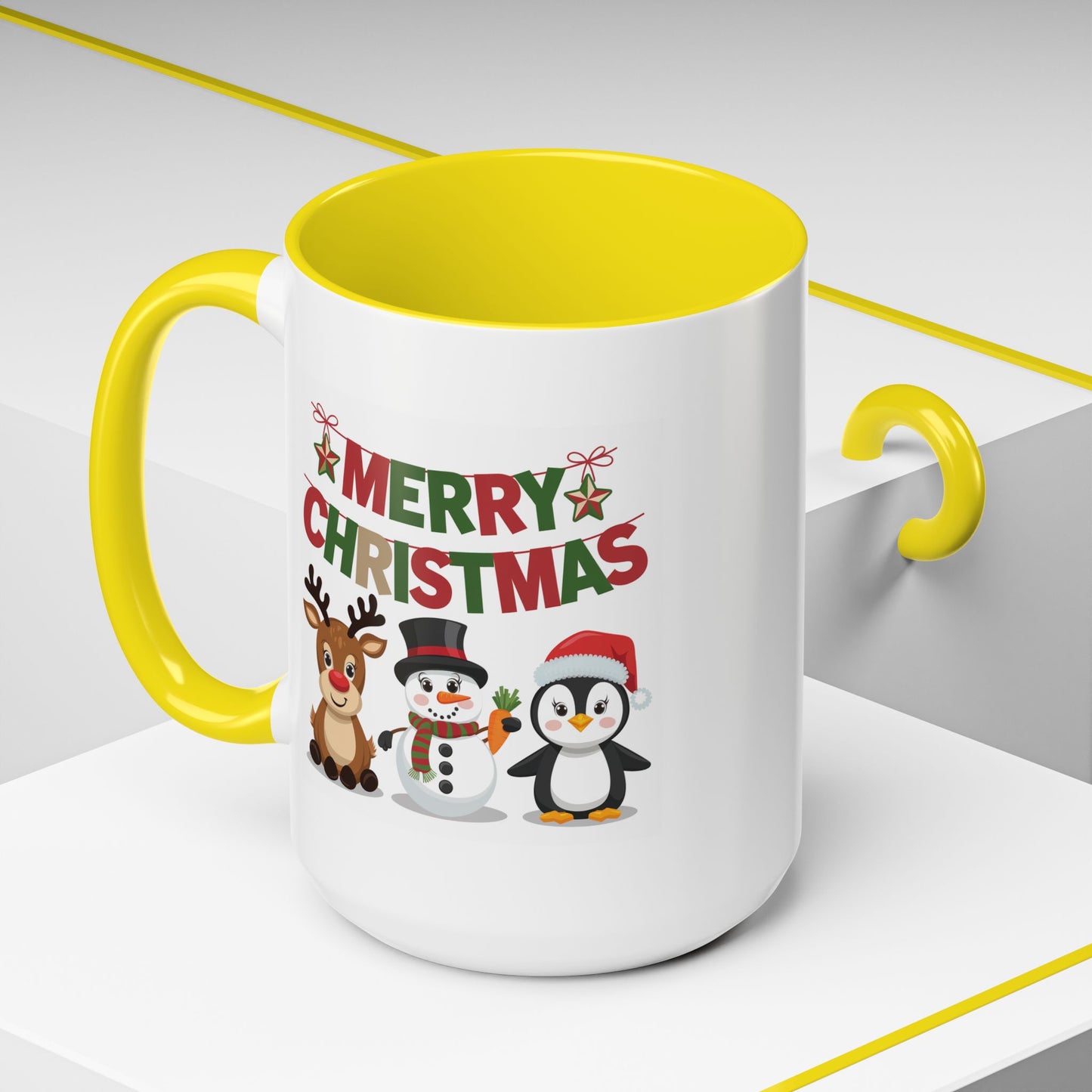 Christmas Mug - Red Green & Gold Text Reindeer Snowman Penguin