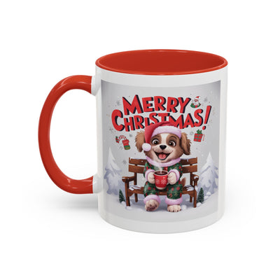 Christmas Mug - Merry Christmas Red Text Puppy Green & Red Top
