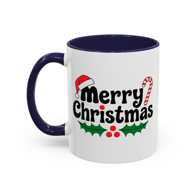 Christmas Mug - Merry Christmas Black Text Hat Candy Cane Mistletoe