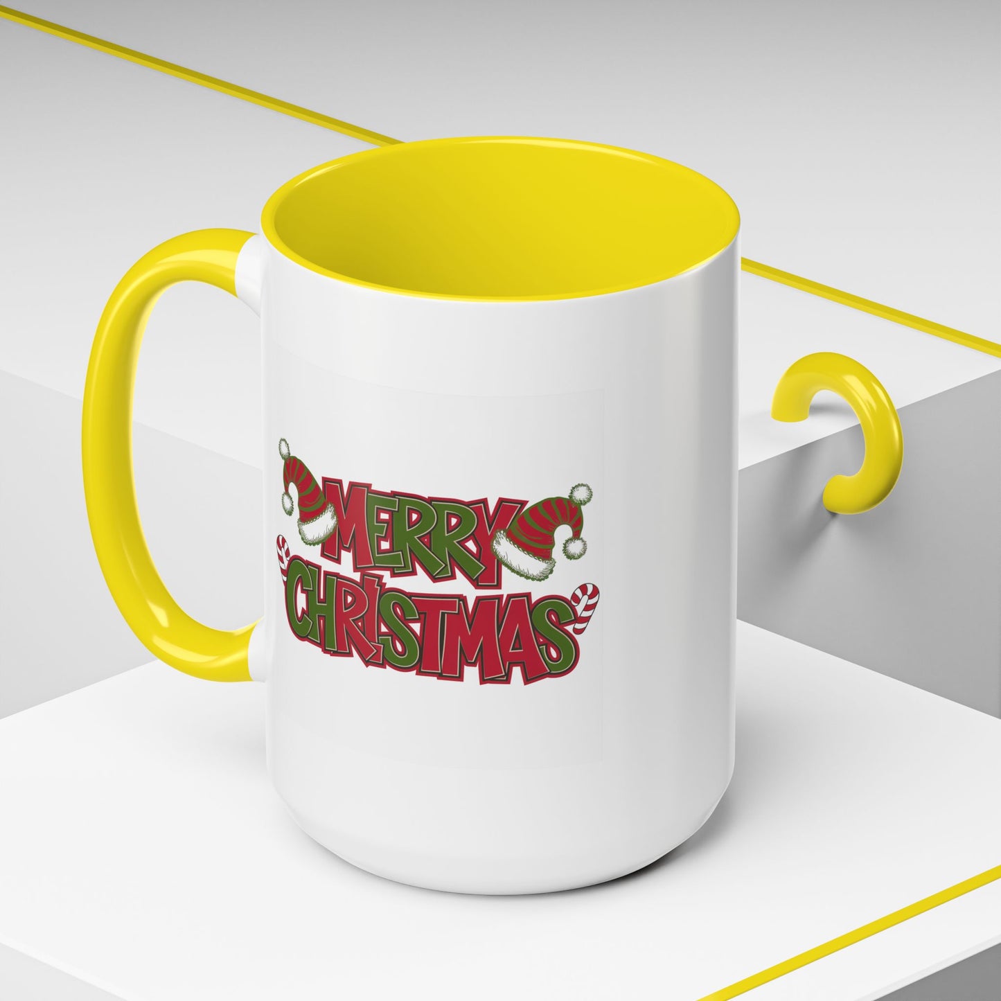 Christmas Mug - Merry Christmas Red & Green Text Hats Candy Canes