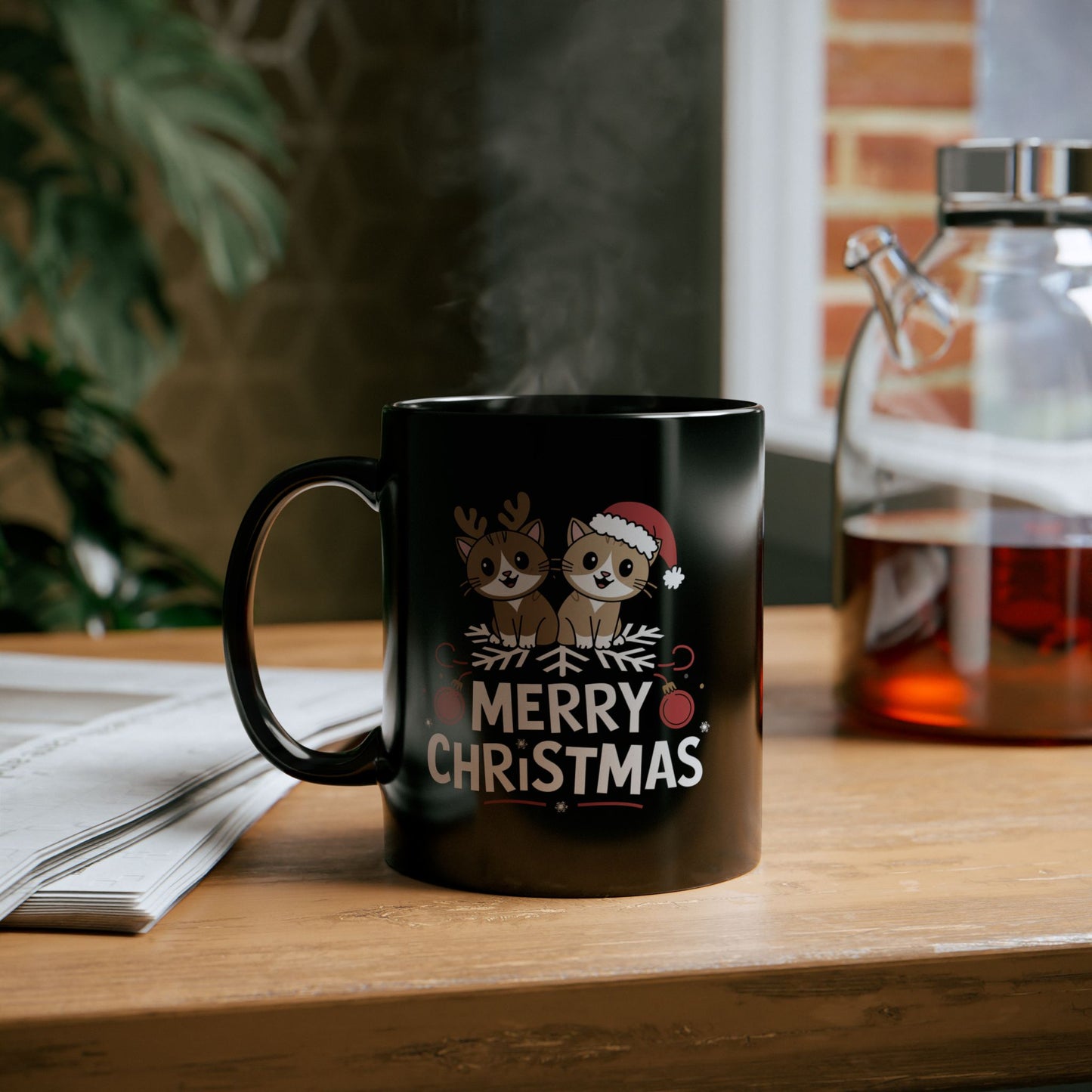 Christmas Mug - Merry Christmas White Text Cute Animals Ornaments