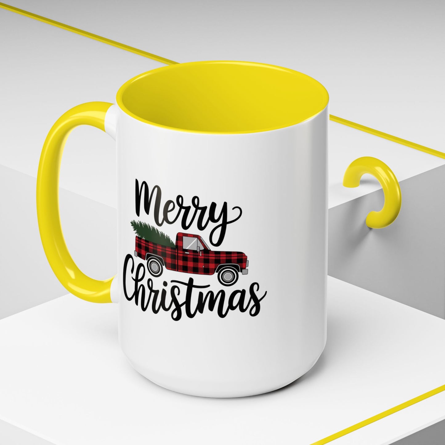 Christmas Mug - Merry Christmas Black Text Tartan Truck