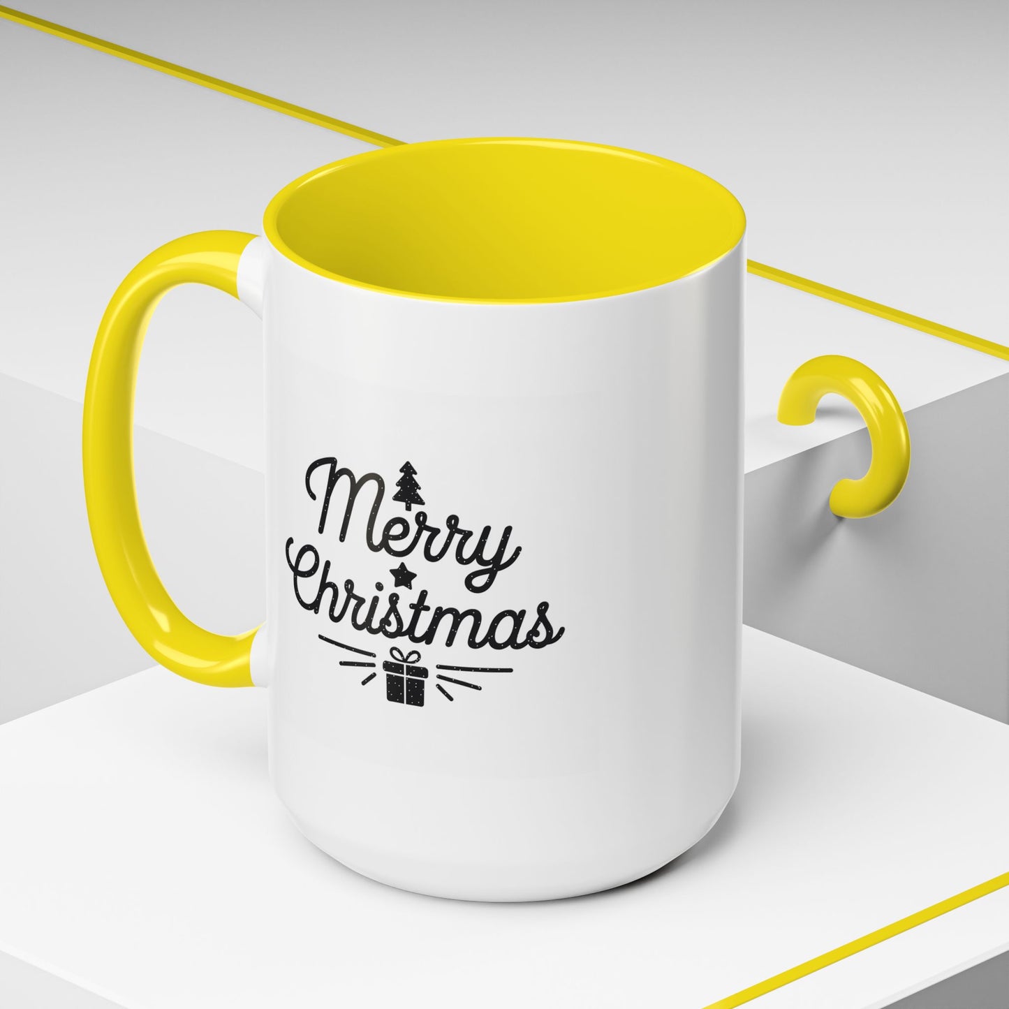 Christmas Mug - Merry Christmas Black Text Tree Star Present