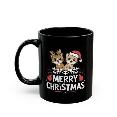 Christmas Mug - Merry Christmas White Text Cute Animals Ornaments