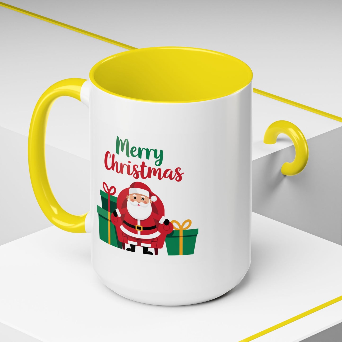 Christmas Mug - Merry Christmas Green & Red Text Santa Presents