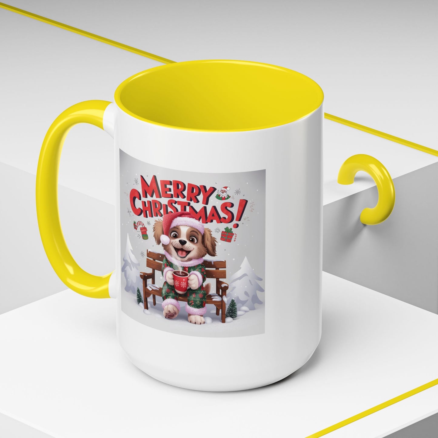 Christmas Mug - Merry Christmas Red Text Puppy Green & Red Top