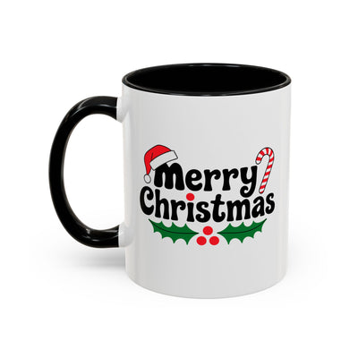 Christmas Mug - Merry Christmas Black Text Hat Cane Misletoe