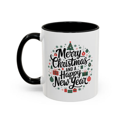 Christmas Mug - Merry Christmas and a Happy New Year Black Text Tree Ornaments Presents