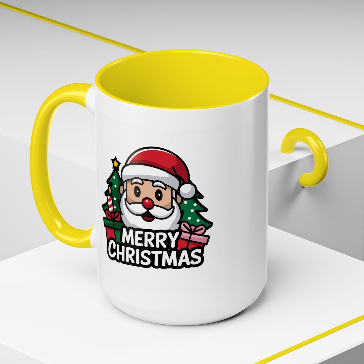 Christmas Mug - Merry Christmas White & Black Text Santa Trees Presents