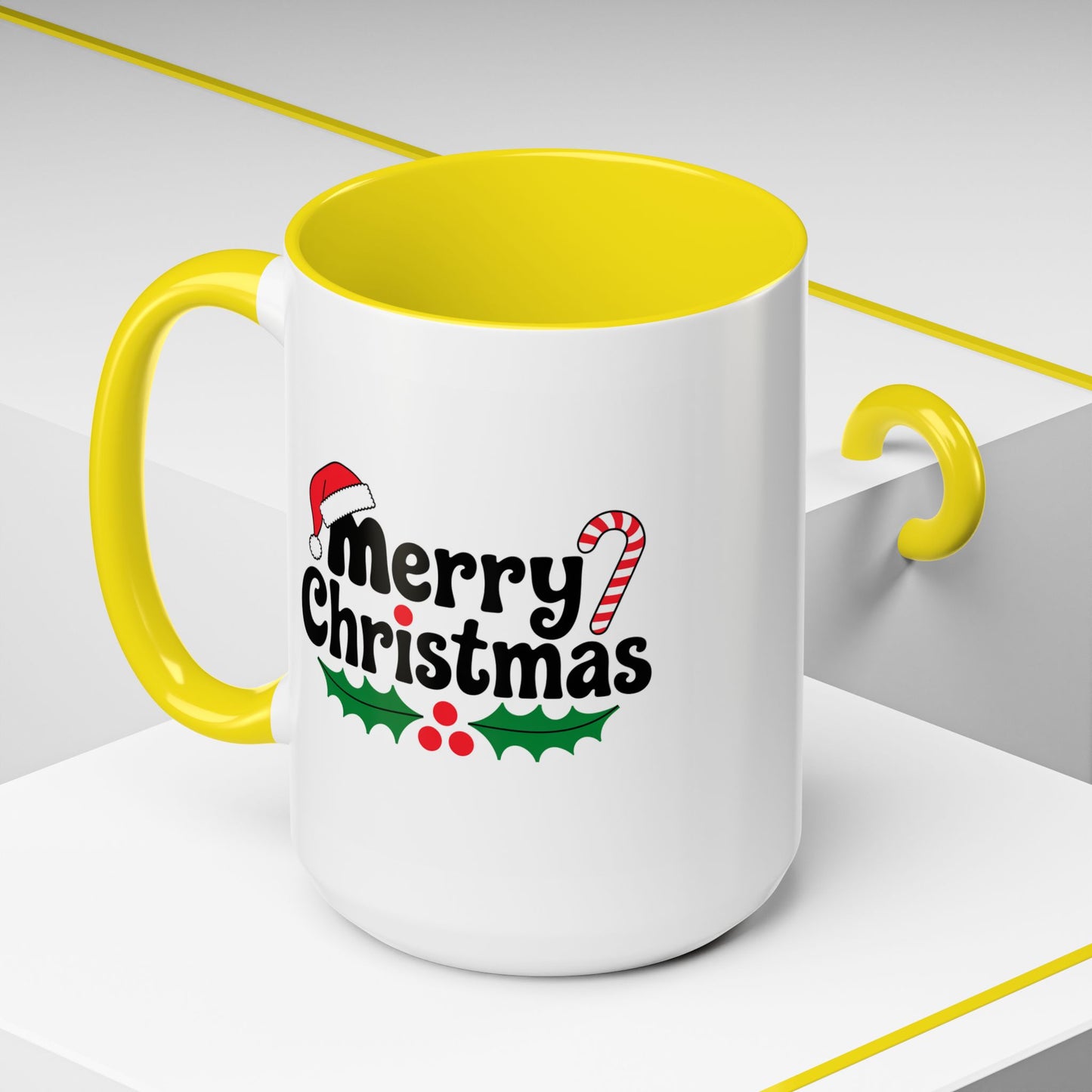 Christmas Mug - Merry Christmas Black Text Hat Candy Cane Mistletoe