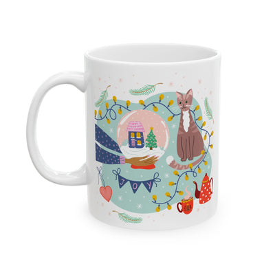 Christmas Mug - Joy Cat Snow Globe Heart Cup Lights