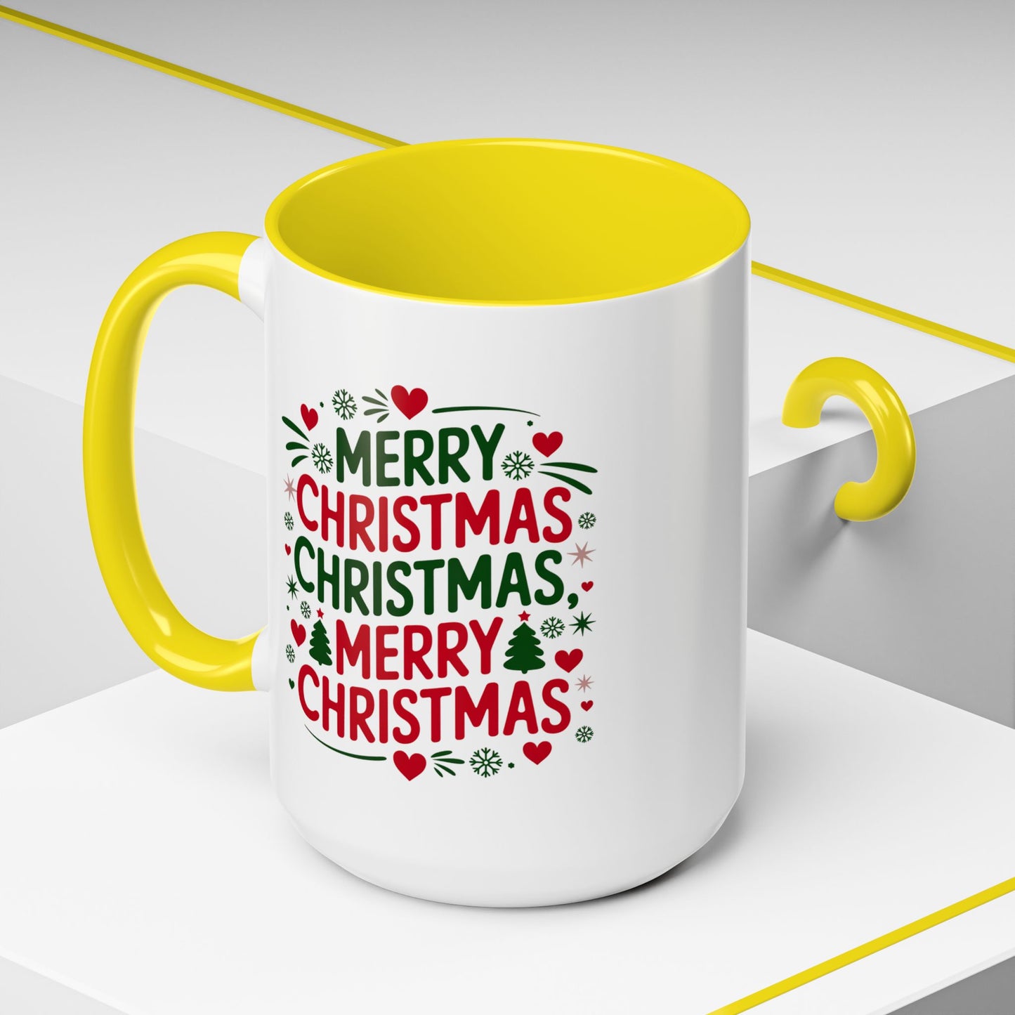 Christmas Mug - Merry Christmas Green & Red Text Trees Hearts Snowflakes Stars