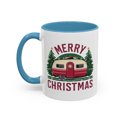 Christmas Mug - Merry Christmas Maroon Text Camper Trees