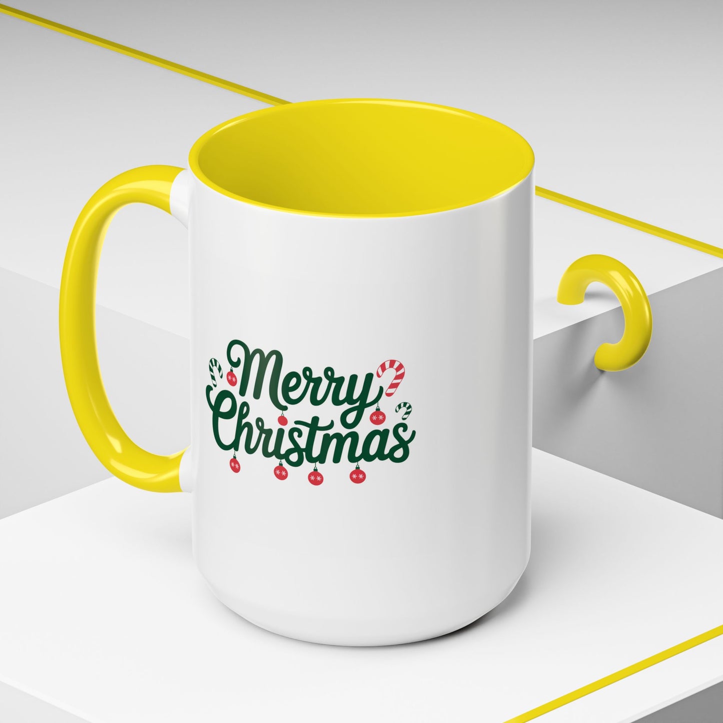 Christmas Mug - Merry Christmas Green Text Ornaments Candy Canes