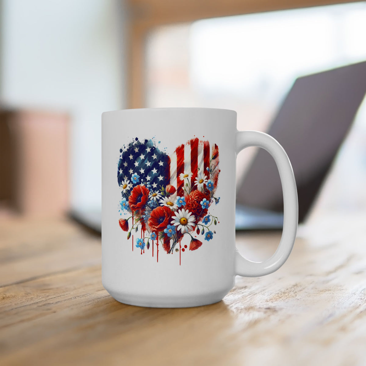 4th of July Mug - Patriotic USA Flowers Heart