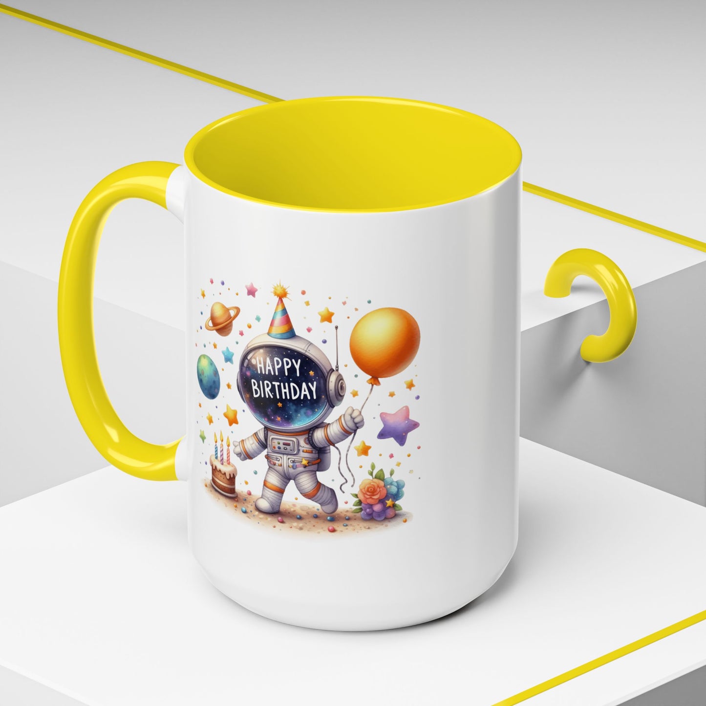 Birthday Mug - Happy Birthday Astronaut, Cake & Balloon
