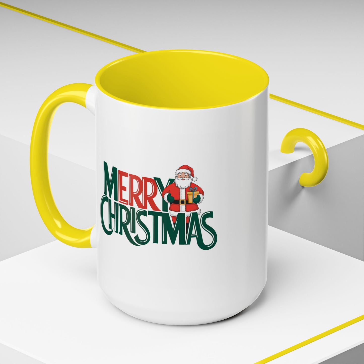 Christmas Mug - Merry Christmas Green & Red Text Santa Present