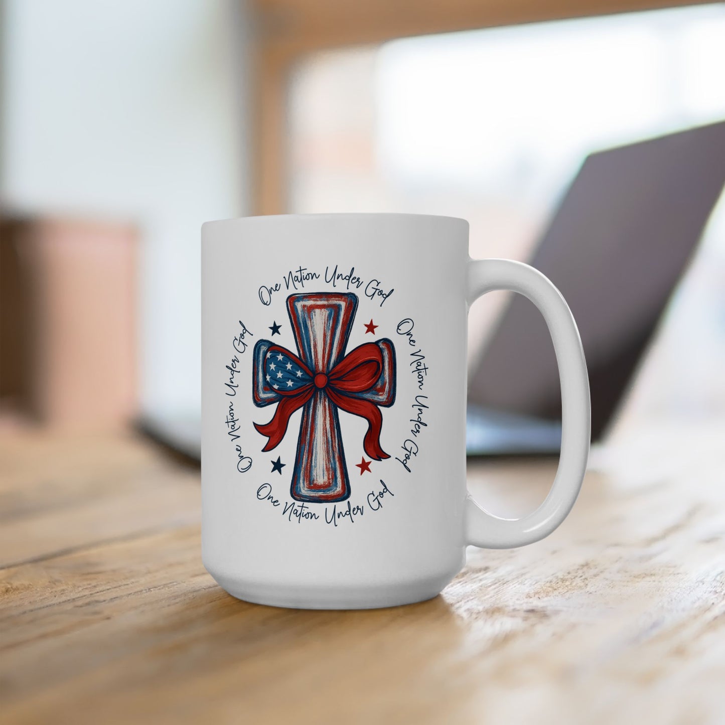 4th of July Mug - Patriotic Cross with Ribbon & Stars