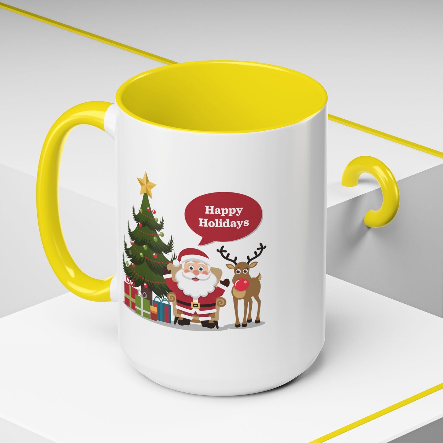 Christmas Mug - Happy Holidays Callout Santa Tree Presents Reindeer