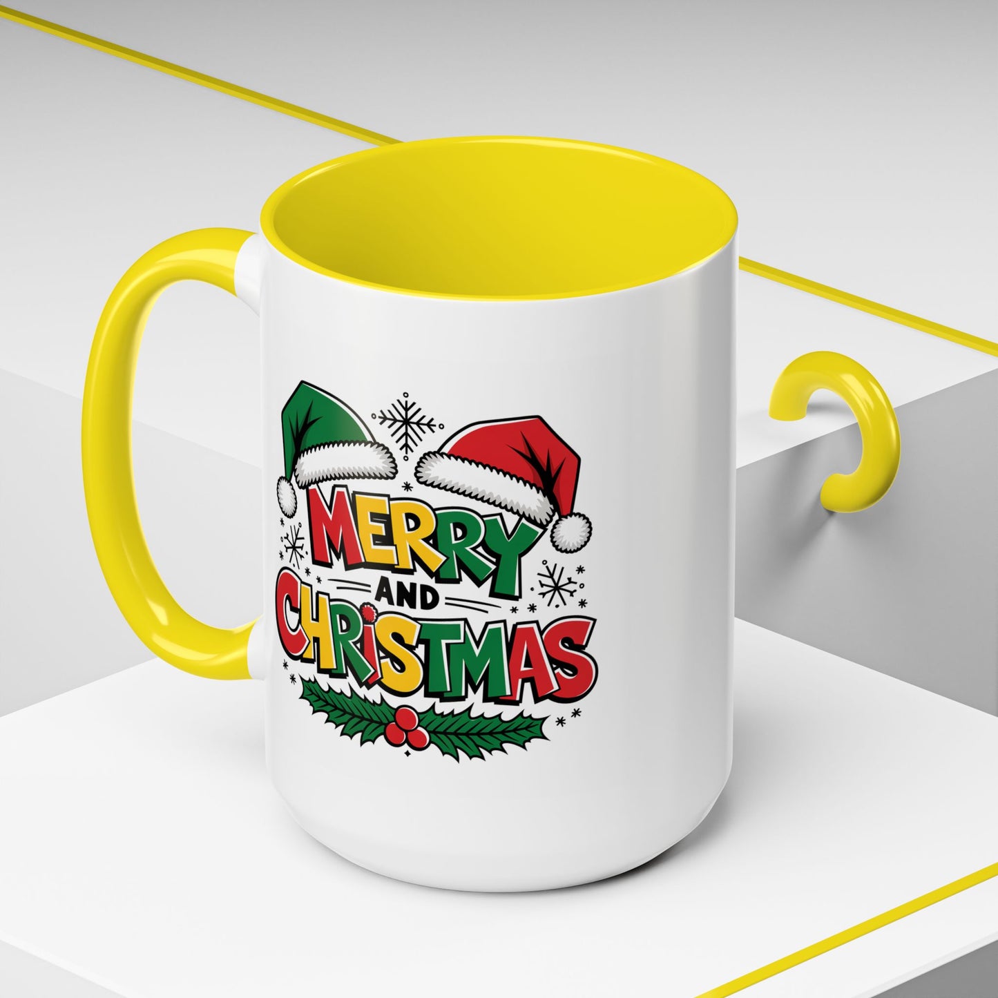 Christmas Mug - Merry Christmas Red Yellow & Green Text Green & Red Hat