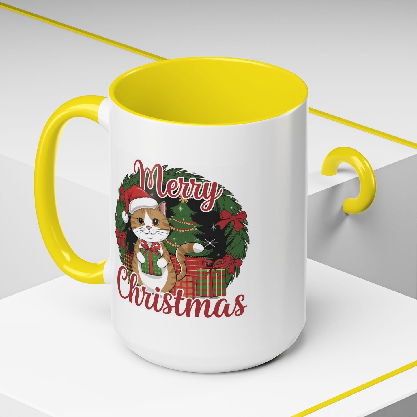 Christmas Mug - Merry Christmas Red Text Cat Presents Wreath