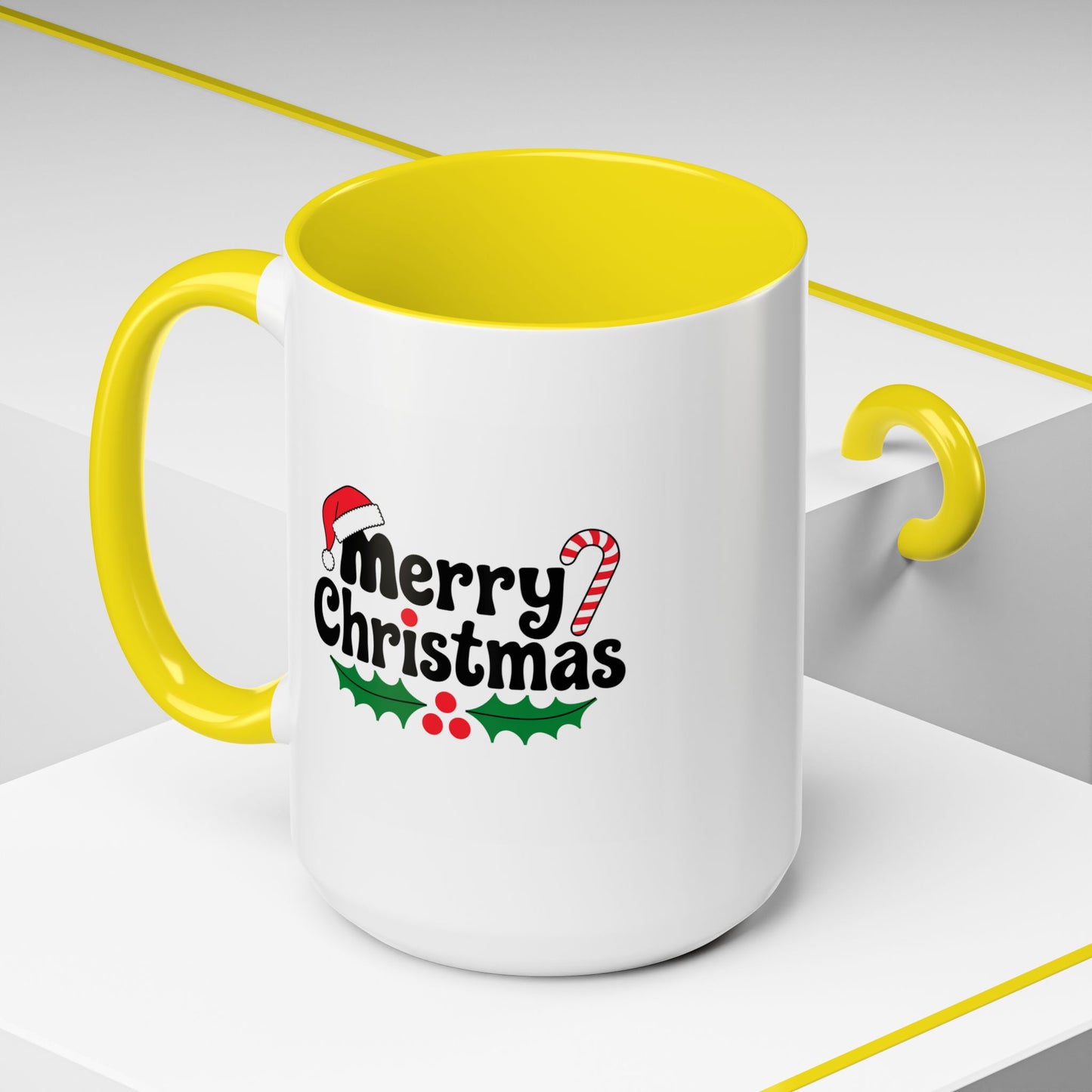 Christmas Mug - Merry Christmas Black Text Hat Cane Misletoe