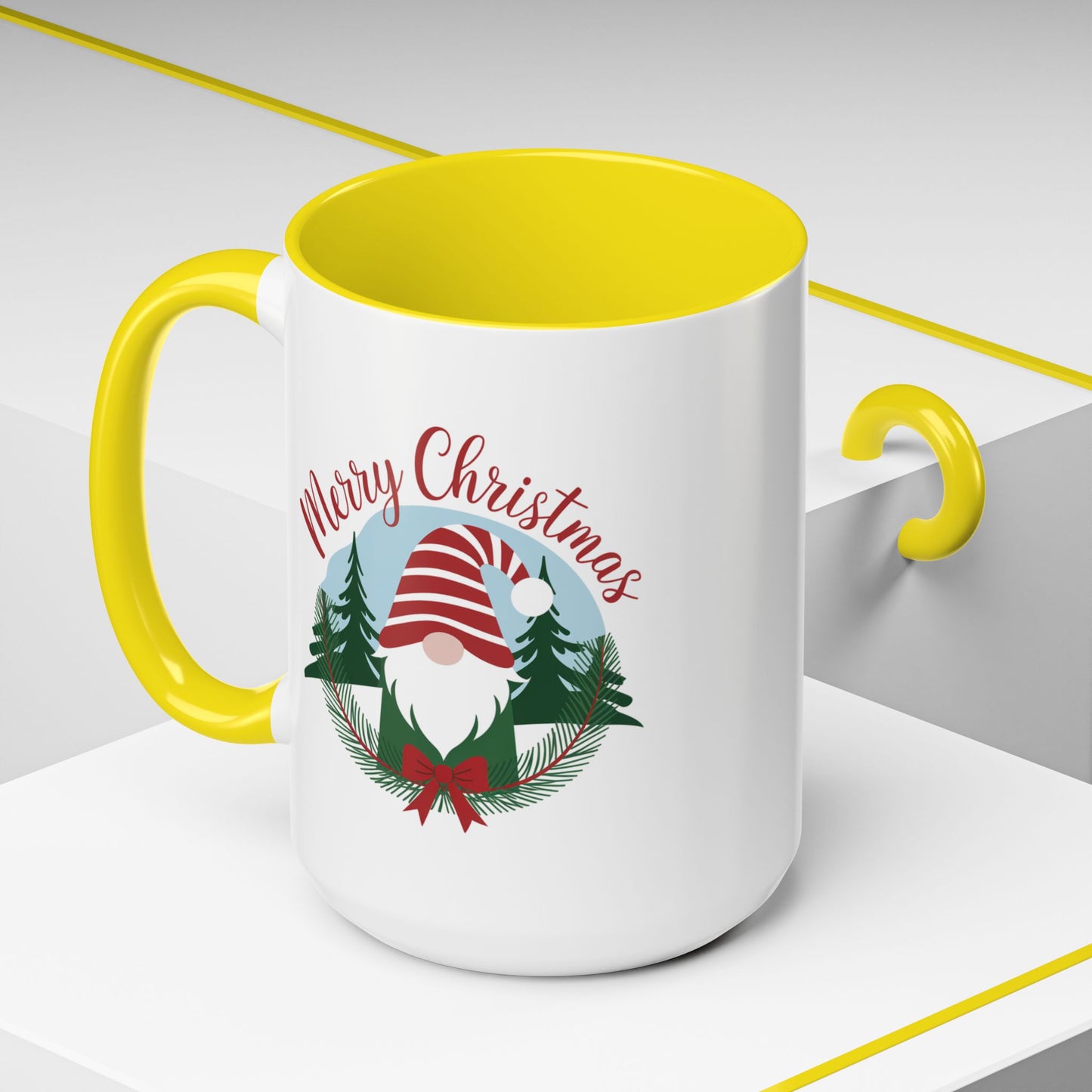 Christmas Mug - Merry Christmas Red Text Gnome Bow Tree