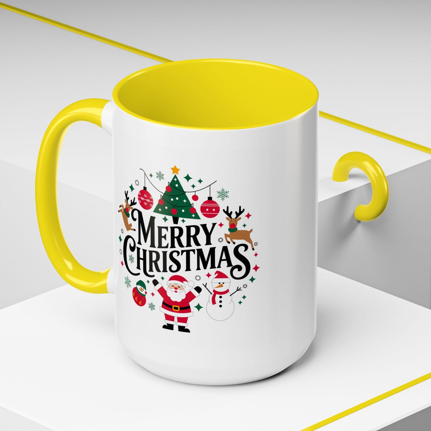 Christmas Mug - Merry Christmas Black Text Santa Reindeer Snowmen Ornaments