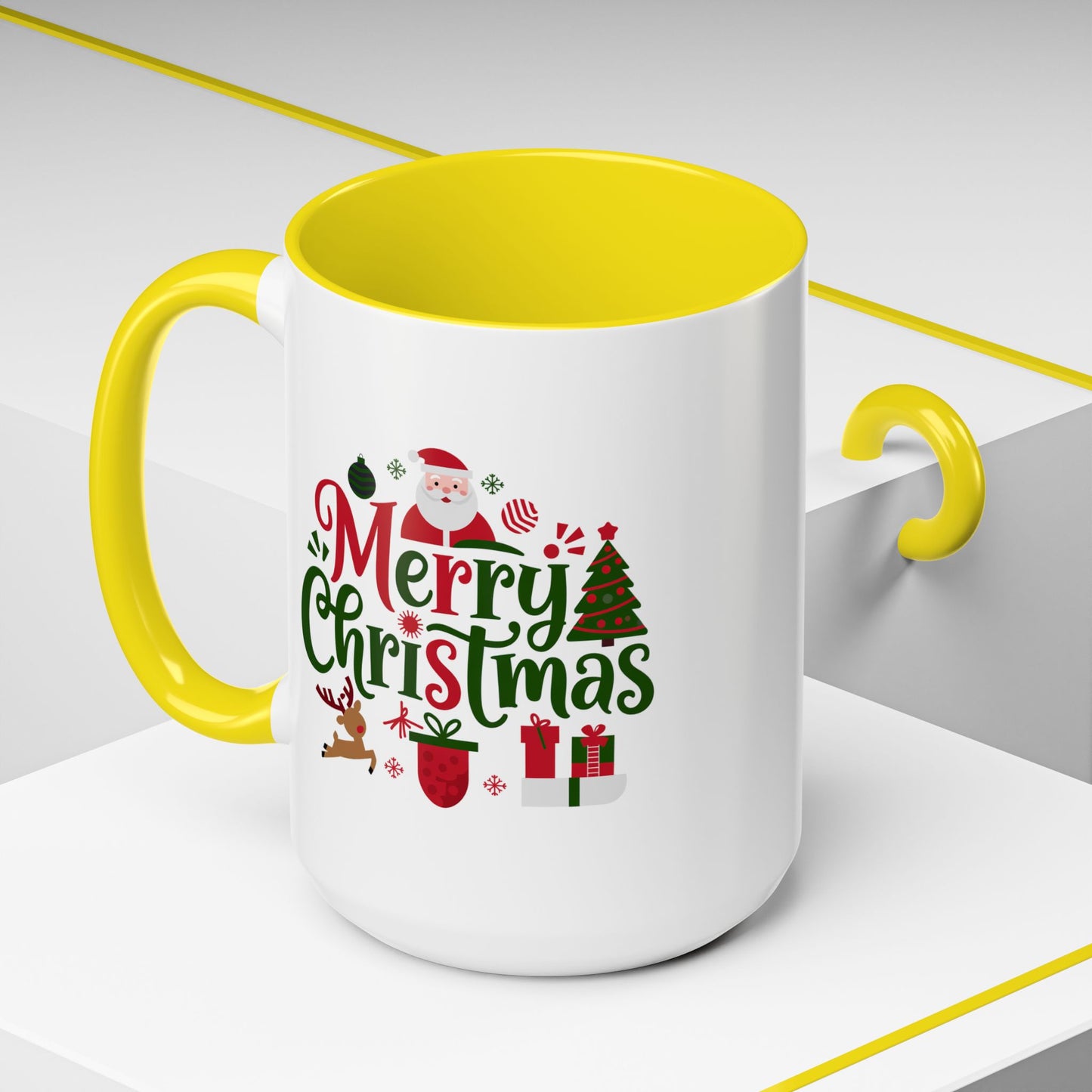 Christmas Mug - Merry Christmas Red & Green Text Santa Reindeer Tree Sleigh Ornaments