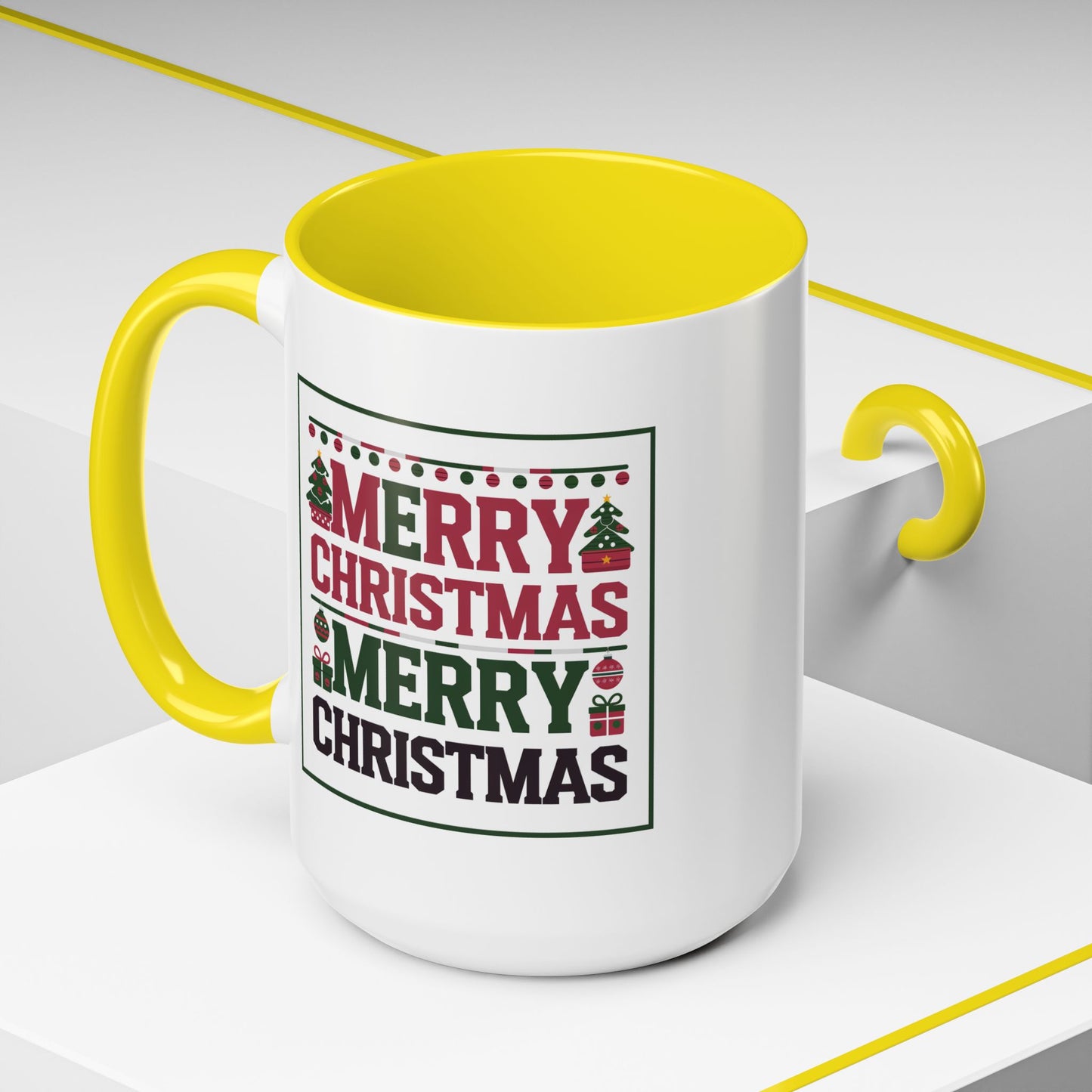 Christmas Mug - Merry Christmas Red Green & Black Text Trees Presents