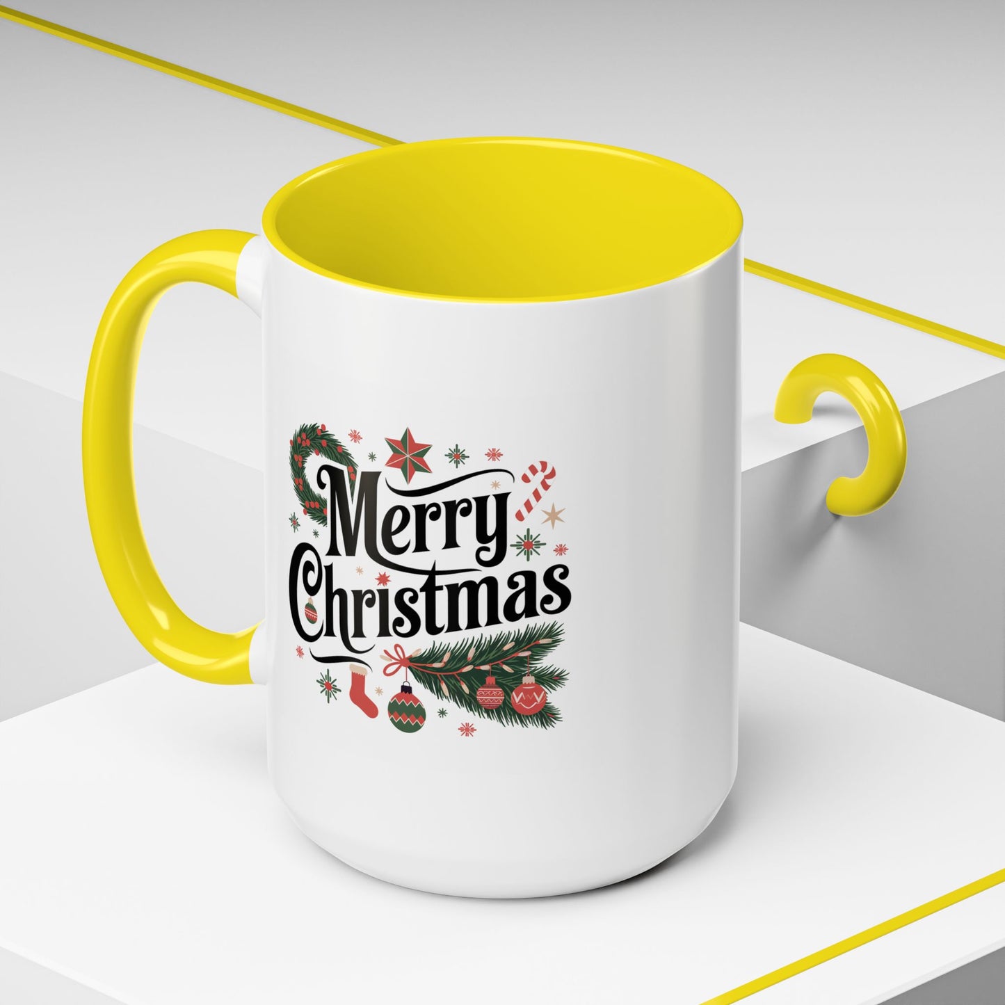 Christmas Mug - Merry Christmas Black Text Star Stocking Ornament Candy Cane