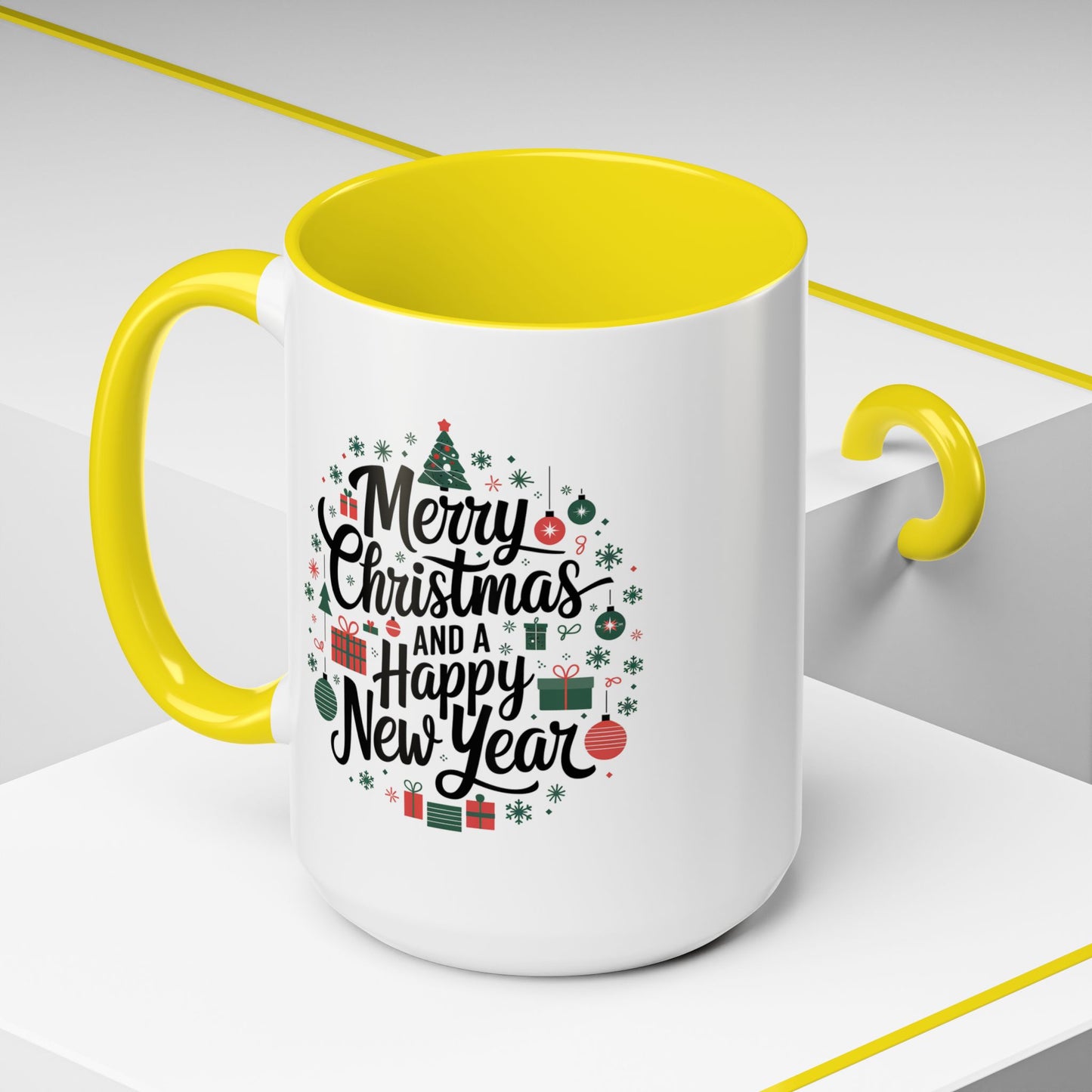 Christmas Mug - Merry Christmas and a Happy New Year Black Text Tree Ornaments Presents