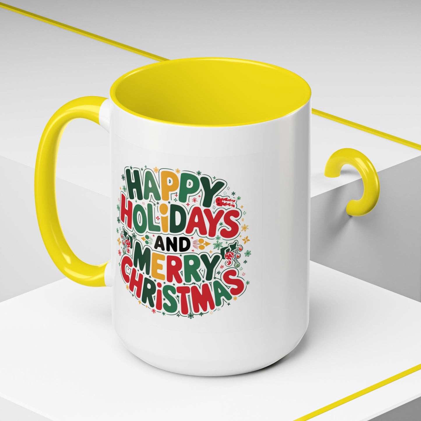 Christmas Mug - Happy Holidays and Merry Christmas Blue Green Yellow Red Text