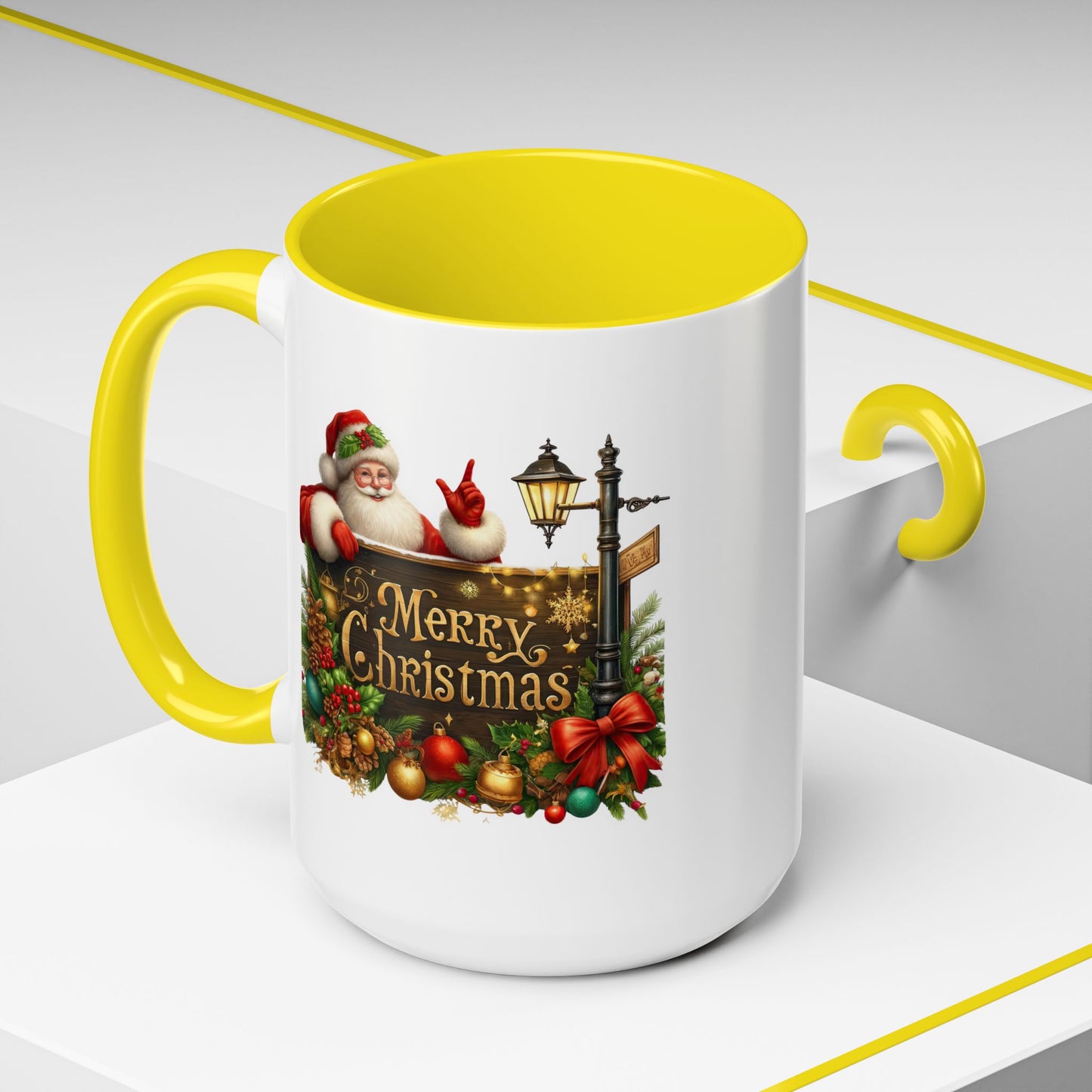 Christmas Mug - Merry Christmas Gold Text Santa Point Ornaments