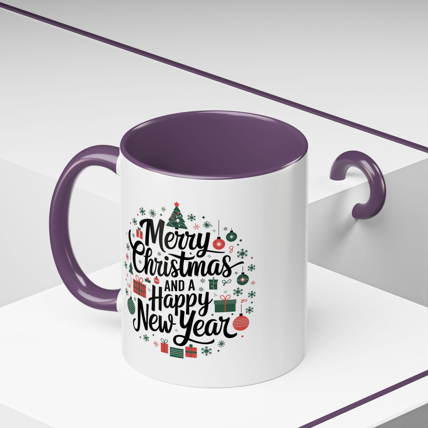Christmas Mug - Merry Christmas and a Happy New Year Black Text Tree Ornaments Presents