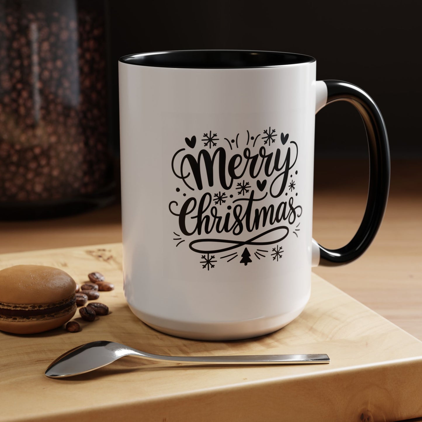 Christmas Mug - Merry Christmas Black Text Tree Snowflakes Hearts