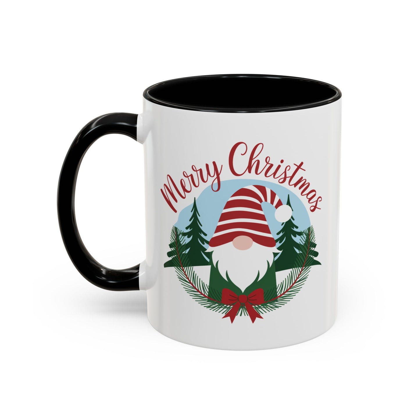 Christmas Mug - Merry Christmas Red Text Gnome Bow Tree