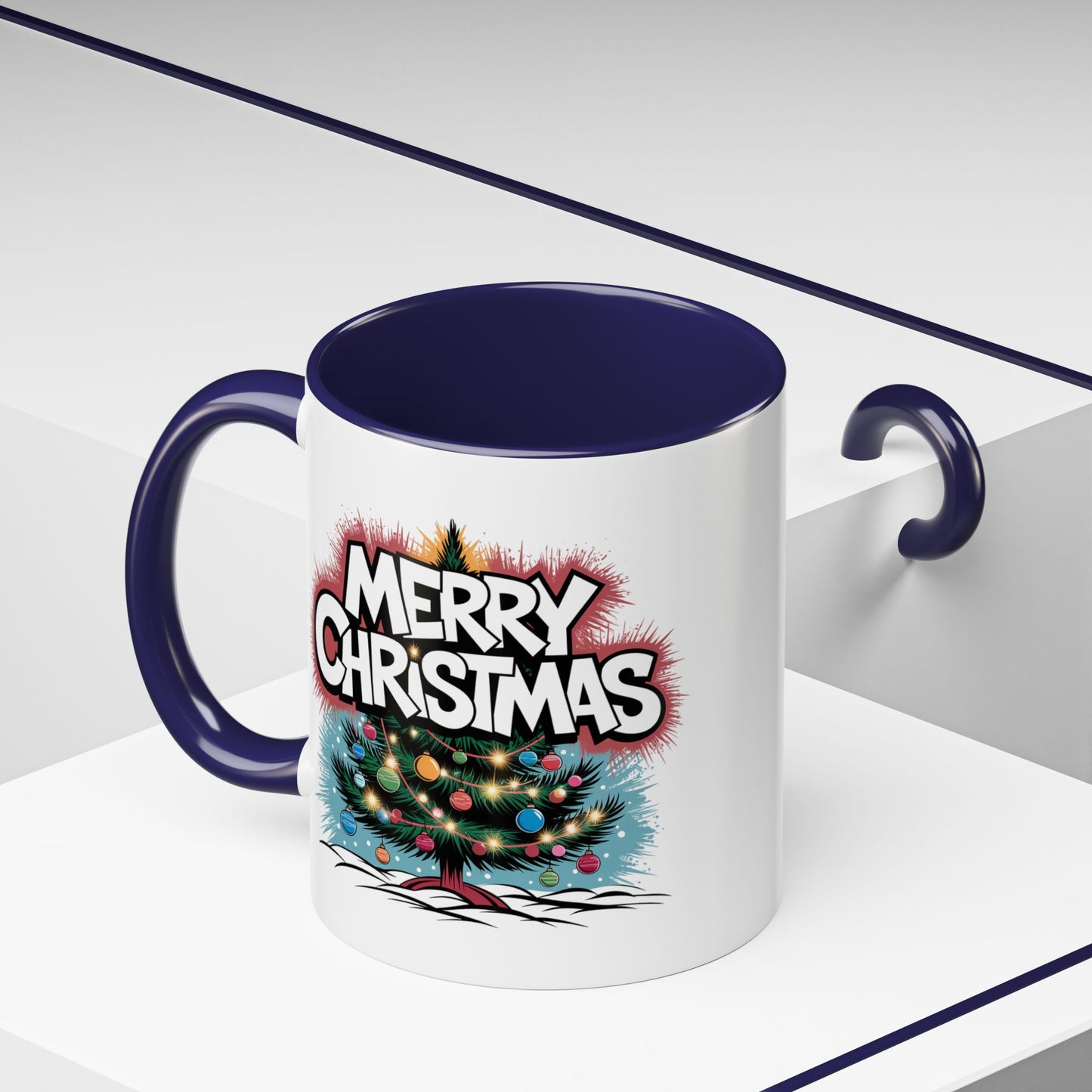 Christmas Mug - Merry Christmas White & Red Text Tree Lights