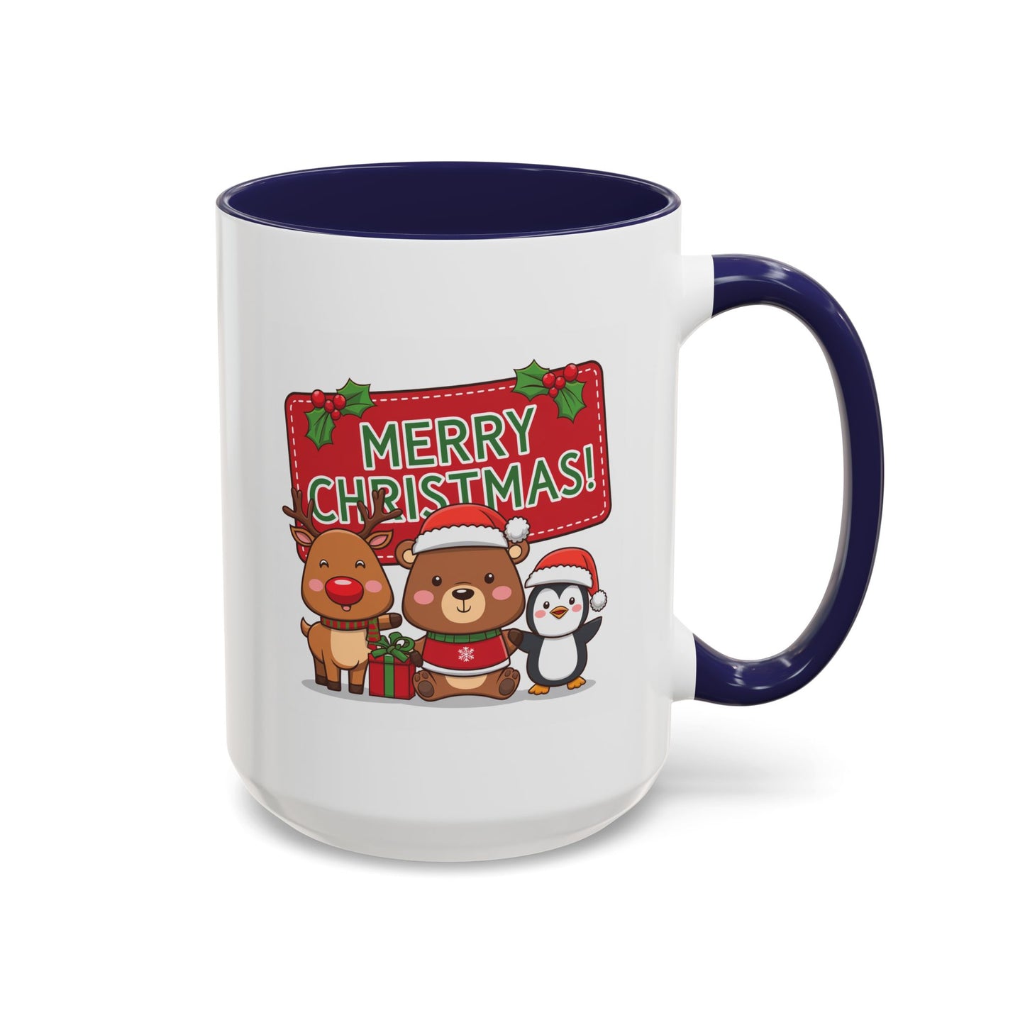Christmas Mug - Green Text Red Banner Reindeer Bear Penguin