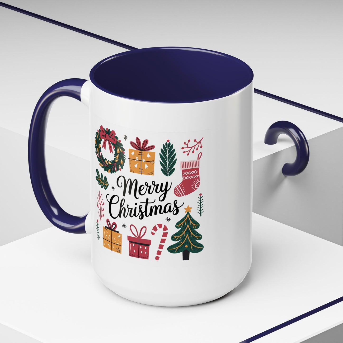 Christmas Mug - Merry Christmas Green Text Presents Tree Candy Cane