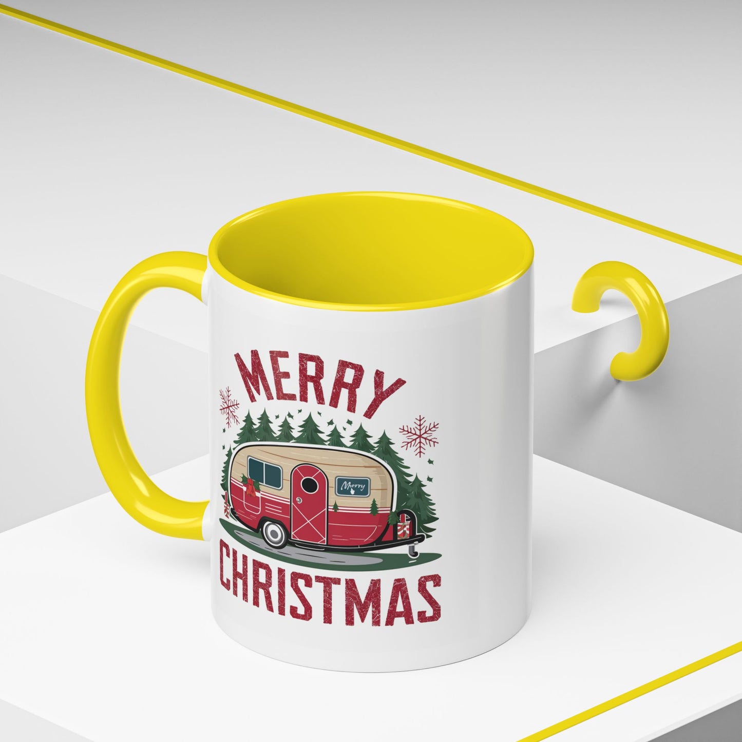 Christmas Mug - Merry Christmas Maroon Text Camper Trees Snowflakes