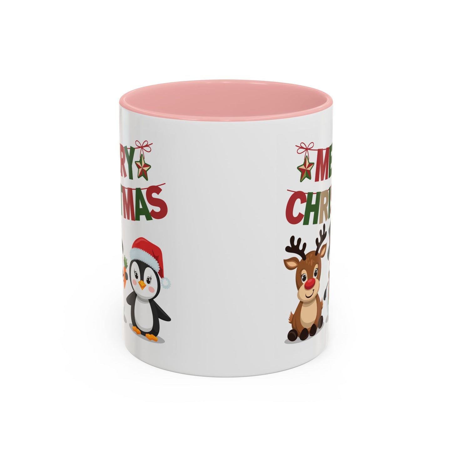 Christmas Mug - Red Green & Gold Text Reindeer Snowman Penguin