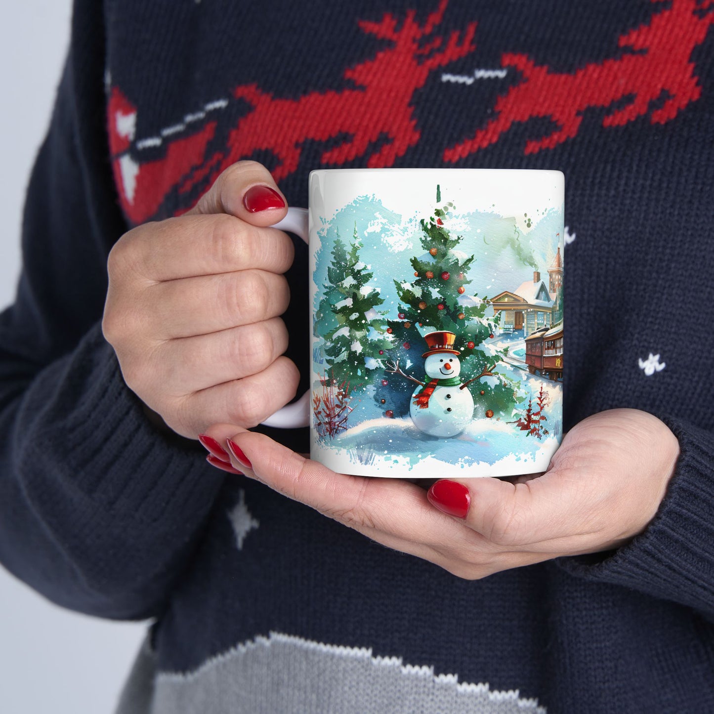 Christmas Mug - Snowman Trees Train