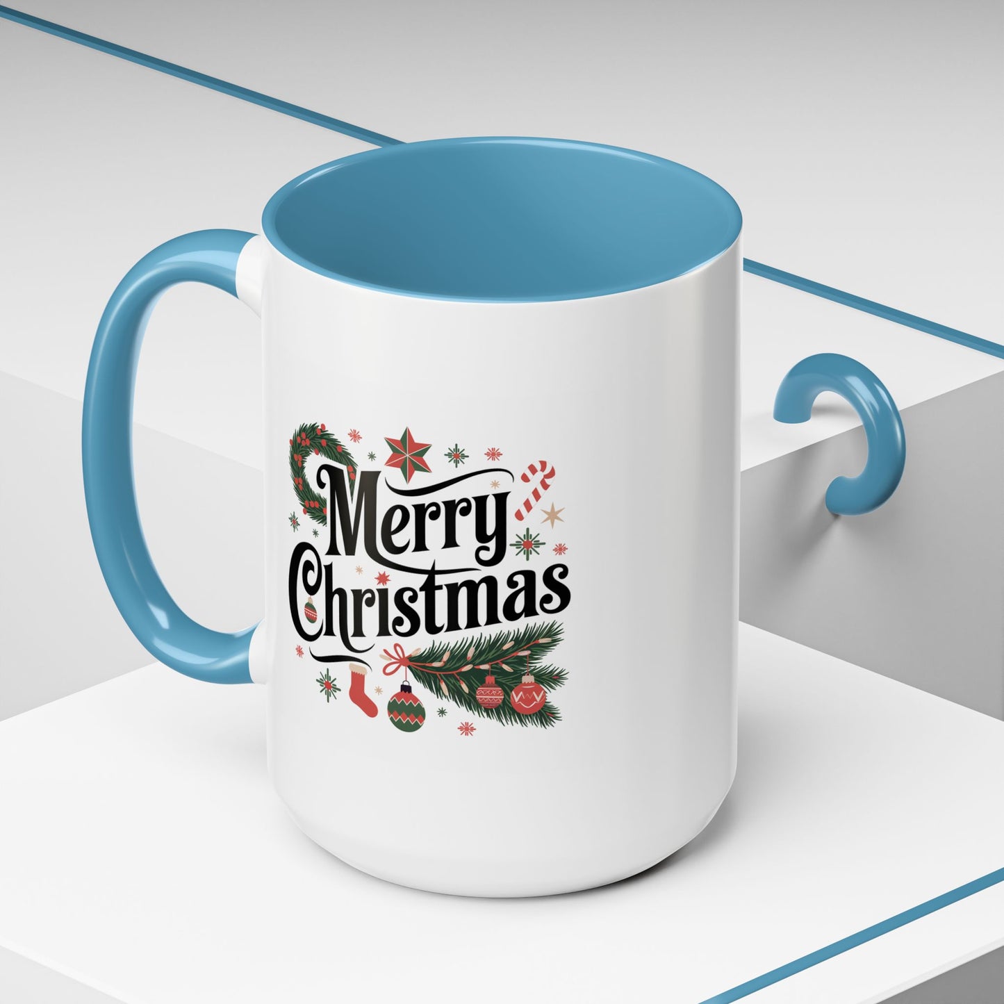 Christmas Mug - Merry Christmas Black Text Star Stocking Ornament Candy Cane